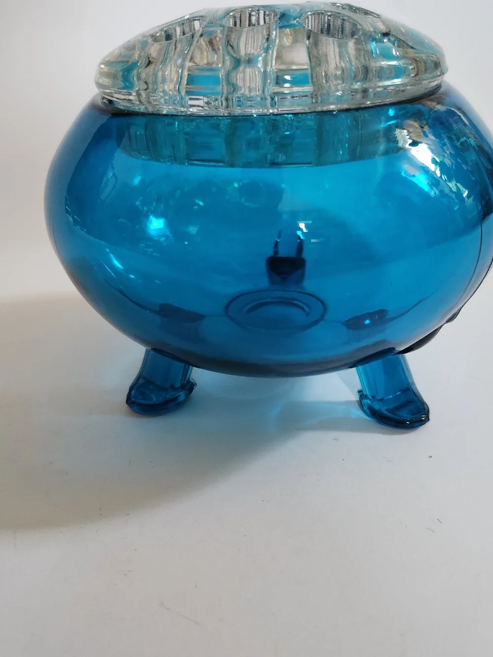 VIKING Glass Bluenique FLOWERLITE Vase/Candle Holder w/Original Flower Frog MCM